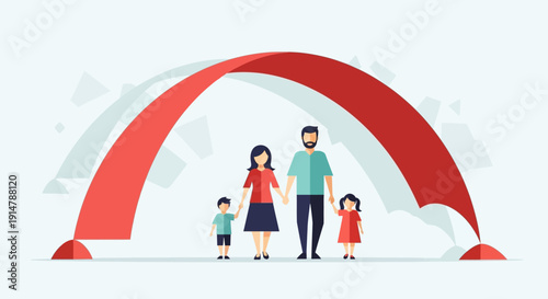 Family of four standing under a red protective arch.