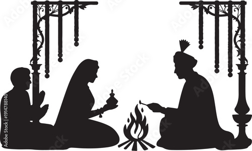 Silhouette of three people sitting around a fire with ornate lamps