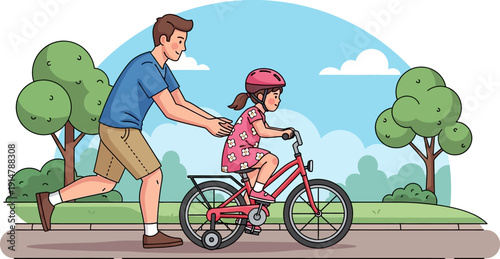 Father teaching young daughter to ride a bicycle in a park.