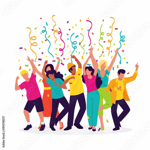 A group of diverse people celebrating with confetti and streamers, dancing and having fun at a party.