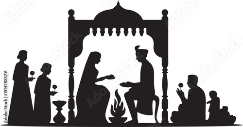 Silhouette of traditional wedding ceremony with people and fire