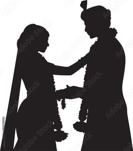 Silhouette of two people exchanging garlands in traditional attire