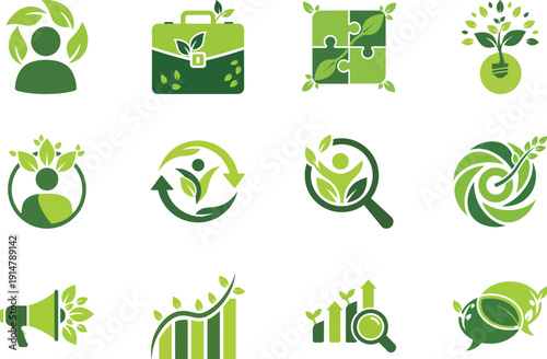Nature-Inspired Green Business Icons Collection: Sustainable Growth, Eco-Friendly Solutions, Environmental Community, Organic Innovation, Earth Protection, Corporate Responsibility.
