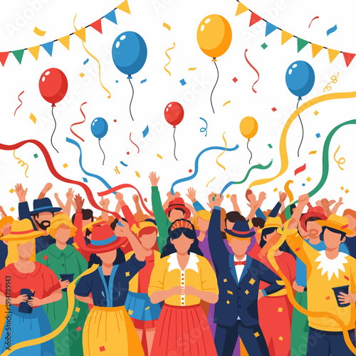 A vibrant illustration of a large, diverse crowd celebrating with balloons, confetti, and streamers, depicting joy and festivity.