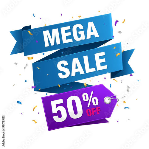 Mega sale banner with 50 percent off tag and colorful confetti on white background