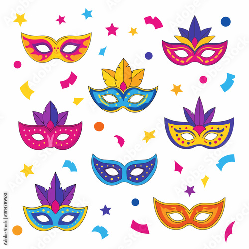 Colorful carnival masks with feathers and confetti, festive celebration design.