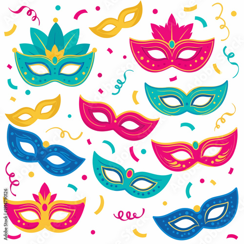 Collection of colorful carnival masquerade masks with confetti and streamers.