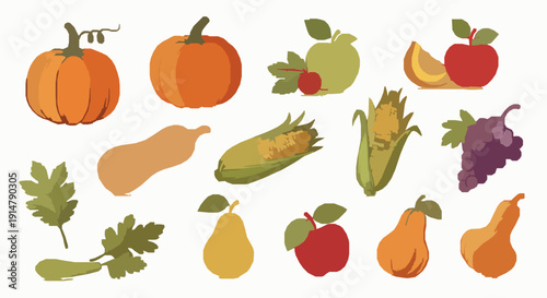 Autumn harvest vector collection of seasonal fruits and vegetables for fall designs