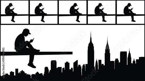 Cad drawing flat vector illustration of a man silhouette sitting on a beam over New York City skyline with smartphone.