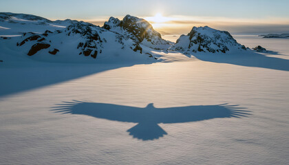 In the rocky Arctic terrain, the shadow of a flying bald eagle falls on the snow, hinting at an invisible American presence