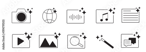 Ai generated audio or media icon set. Ai star sparkle symbol, creative artificial intelligence and machine learning technology concept. Generative AI. music generated, image generate, magic pencil