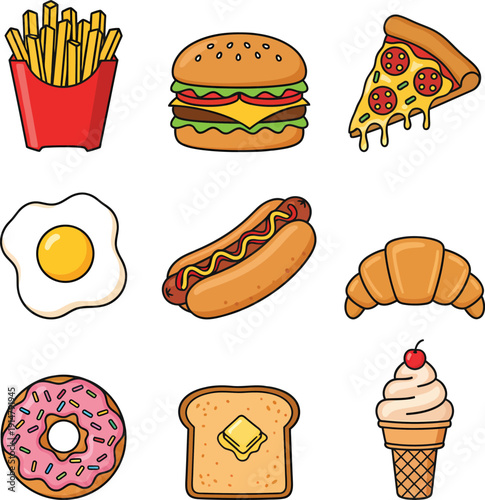 Collection of delicious fast food illustrations including fries, burger, pizza, donut, and ice cream