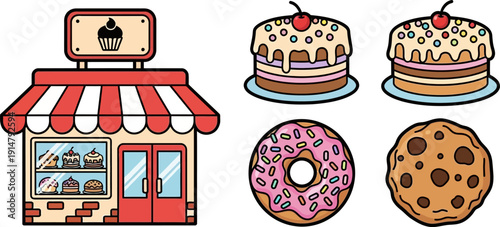 Colorful illustration of bakery shop and assorted sweet treats.