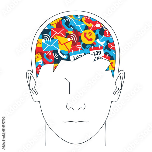 Digital Overload Concept: Human Head Filled with Chaotic Communication Icons, Email Notifications, and Phone Calls
