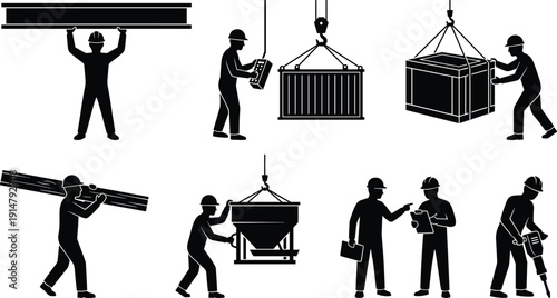 Construction worker silhouette set, industrial laborer building site icons, cad drawing flat vector illustration, engineering foreman masonry work tools crane operation
