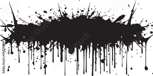 Dynamic black paint splatter with dripping ink effect on white background.