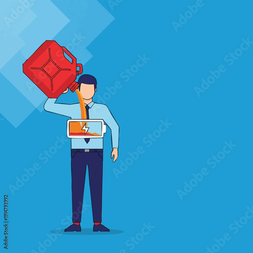Business Energy Boost: Man Refueling Low Battery with Gas Can. Boosting Productivity, Motivation, and Work Performance Concept.