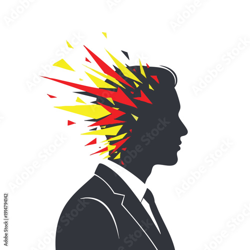 Businessman Silhouette with Exploding Mind. Vector Illustration of Cognitive Overload, Stress, Anxiety, and Creative Idea Burst.