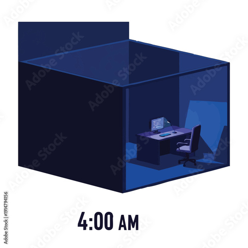 4:00 AM Empty Office Cubicle Illustration. Desk, Computer, and Chair in Dark Blue Isolation. Late Night Overwork Concept.