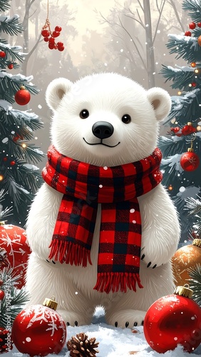 Smiling polar bear cub wears a plaid scarf in a snowy winter wonderland scene