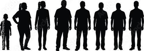 People silhouette lineup, human height comparison from child to adult, male female standing figures, body proportion scale illustration set