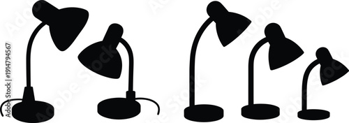 Silhouette set of desk lamps with round bases, curved necks, and conical shades, vector icons for lighting, home office, study, and interior design illustration
