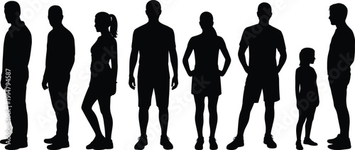 People silhouette lineup set, male female child standing figures, full body human outlines, character scale comparison, group illustration pack