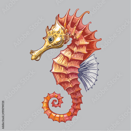 A vibrant orange seahorse swims in the ocean with its fins and tail.