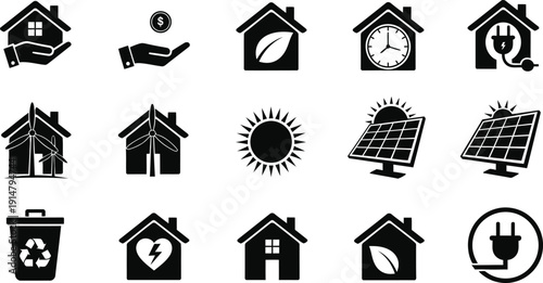 Eco friendly home and renewable energy icons