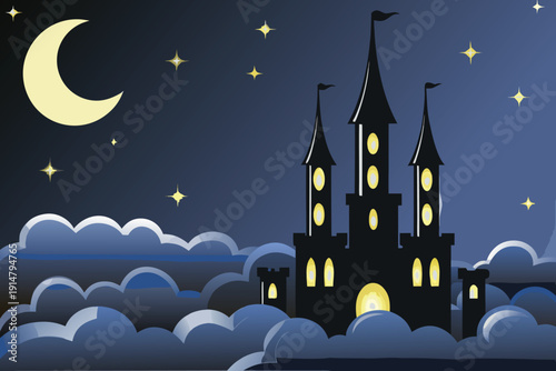 A dark silhouette of a castle emerges beneath a crescent moon and