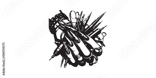 Collection of Tattoo Tools and Equipment in Black and White.