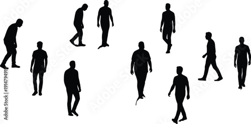 Walking man silhouette collection, male human motion poses, full body people figures, urban lifestyle movement, character outline illustration set