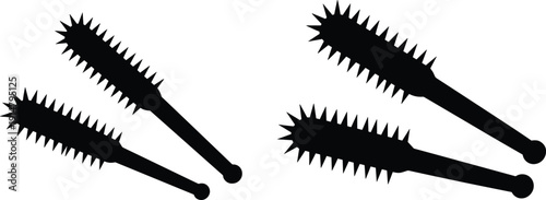 Silhouette set of mascara wands with cylindrical handles and spiked bristle heads, vector icons for cosmetics, makeup application, beauty products, and eyelash styling illustration