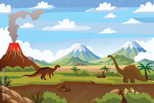 A vibrant cartoon scene depicts dinosaurs roaming near an erupting volcano high quality