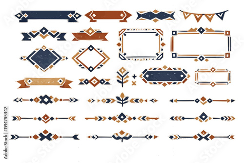北欧風 幾何学フォークアートのリボン・フレーム・飾り罫セット