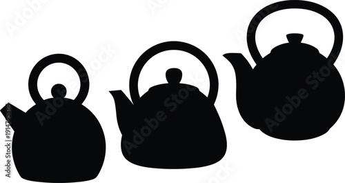 Silhouette set of teapots with distinct shapes, spouts, and handle designs, vector icons for kitchenware, tea serving, household utensils, and beverage preparation illustration
