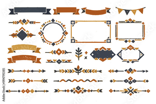 北欧風 幾何学フォークアートのリボン・フレーム・飾り罫セット