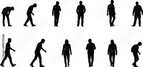 Walking people silhouette set, male female moving figures collection, full body human motion poses, urban lifestyle character illustration pack
