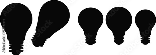 Silhouettes of five light bulbs in different sizes and orientations, isolated on white background, household electricity concept illustration for design, comparison, and energy themes