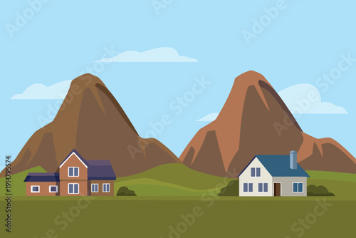 A peaceful landscape depicts two houses nestled among brown mountains and green