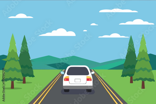 A white car drives down a long winding road with green scenery