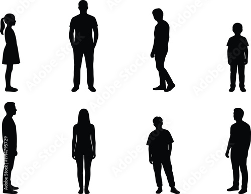 Human silhouette pose set, male female child standing walking figures, full body people outlines, character scale collection illustration pack