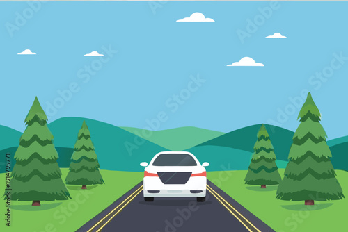 A white car travels down a gray road through a green hilly