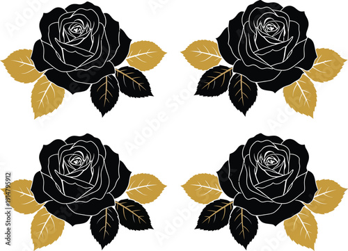 Four elegant stylized black roses featuring striking gold accent leaves create a striking and dramatic floral pattern perfect for gothic or vintage design projects.