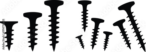 Silhouettes of multiple screws with flat heads and threaded bodies, isolated on white background, hardware illustration showing construction tools, fasteners, and mechanical components