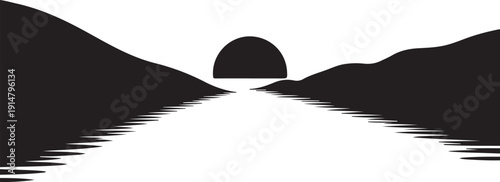 Black and white minimalist landscape with a sun between hills