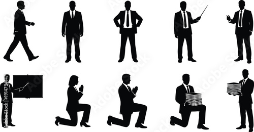 Collection of diverse business people silhouettes demonstrating various professional poses including presenting walking kneeling and carrying boxes representing corporate activities.