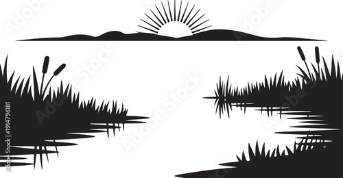 Black and white landscape with sunrise and reeds horizon