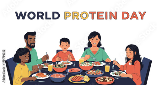 Illustration of a diverse family enjoying a meal together on World Protein Day with various protein rich foods on the table.