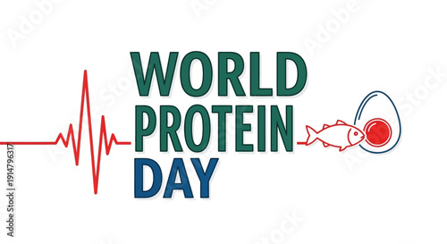 Illustration of World Protein Day logo with a stylized heartbeat line and a red cell, promoting nutritional awareness and balanced diet.